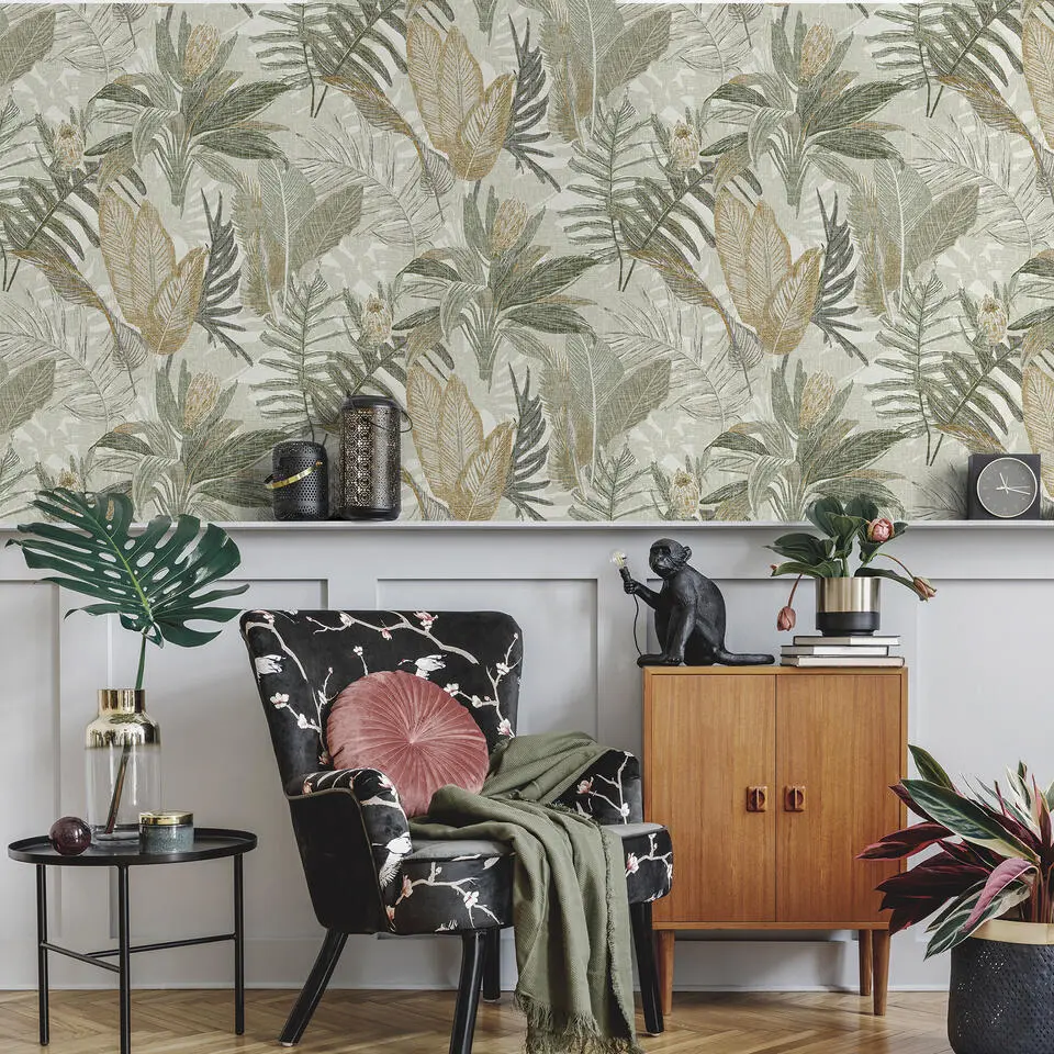 Sanders & Sanders behang bladeren vergrijsd groen en geel - 53 cm x 10 m