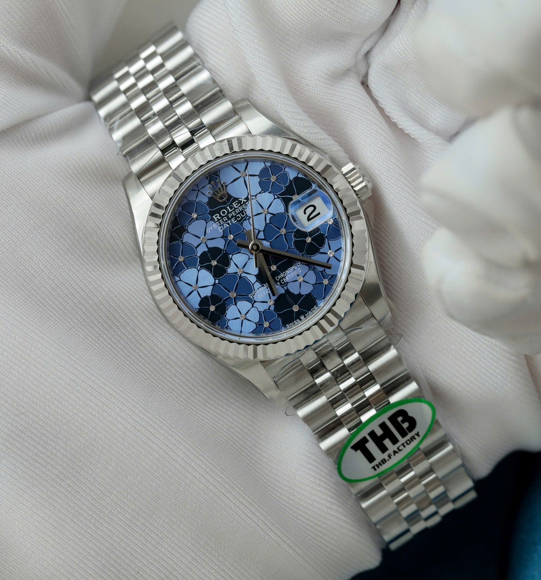 Rolex Datejust 316L Steel Flower Blue Dial CZ Diamonds 31mm Jub THBF Replica