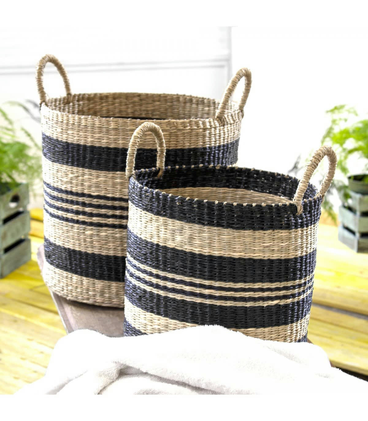 - Lot de 2 paniers ronds en jonc de mer - Beige et noir