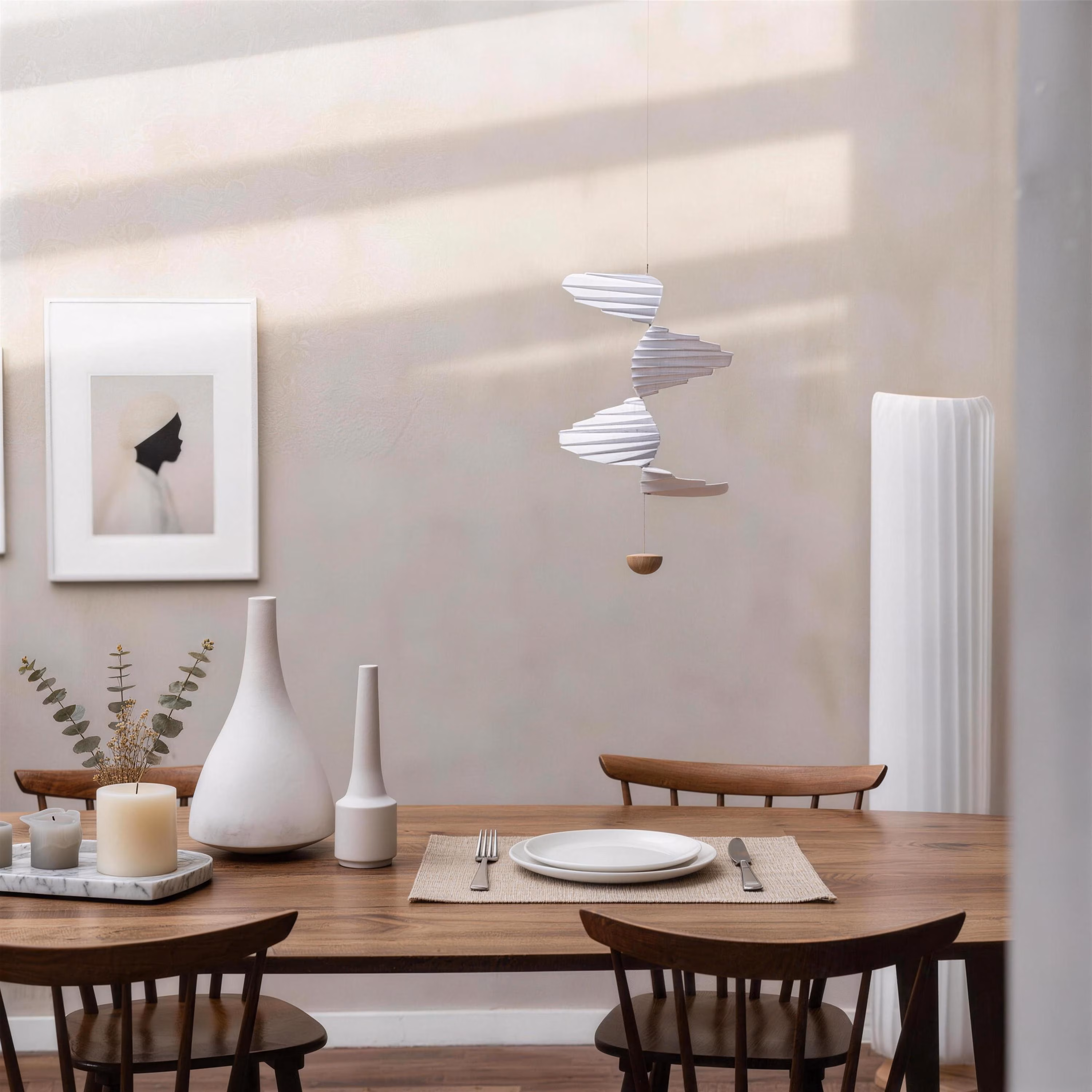 Wind Spinner Kinetic Air Balance Mobile: White Geometric Sculpture, Nordic Nursery Decor