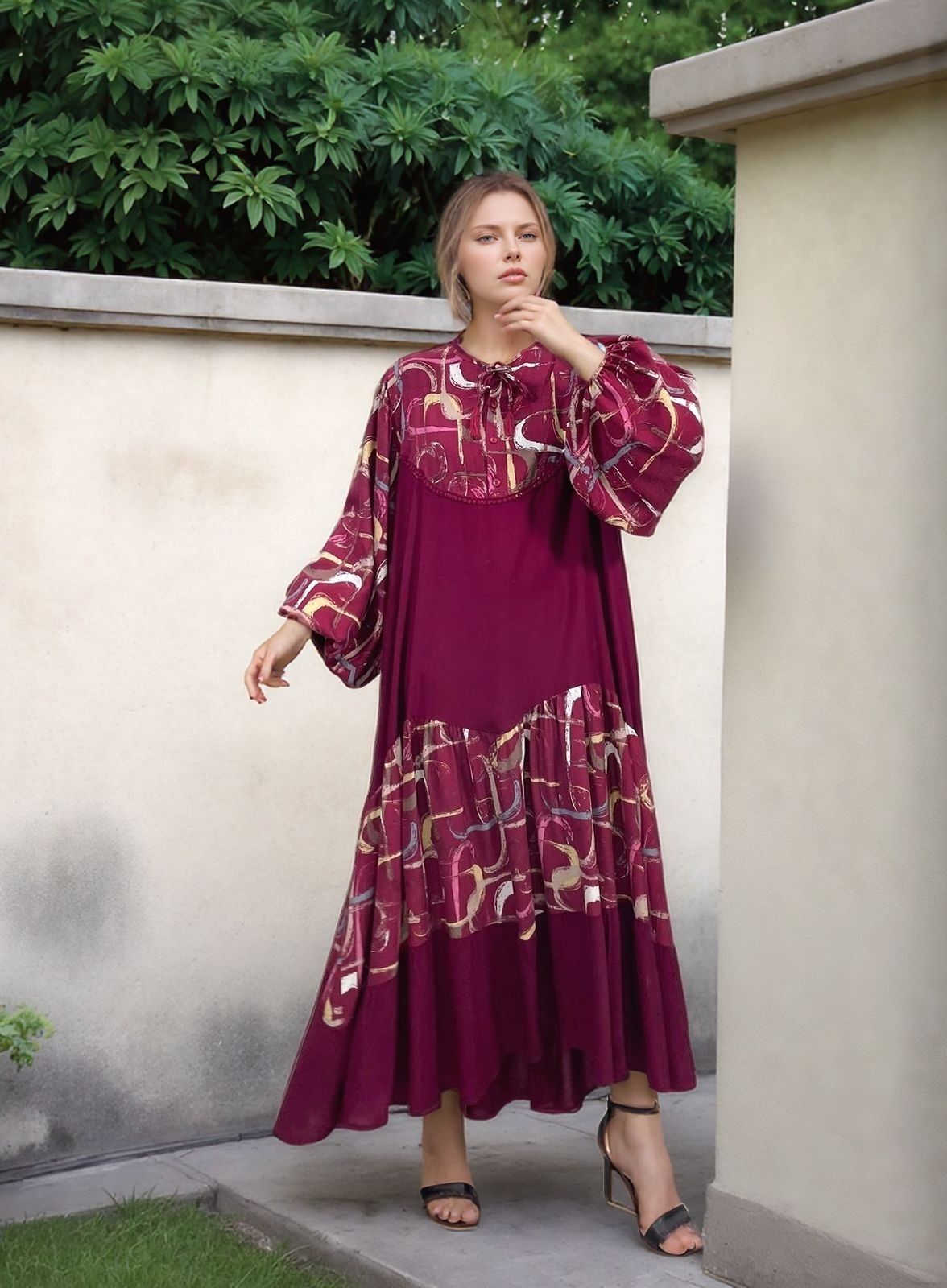 Belissh Abstract Panel Maxi Dress in Burgundy