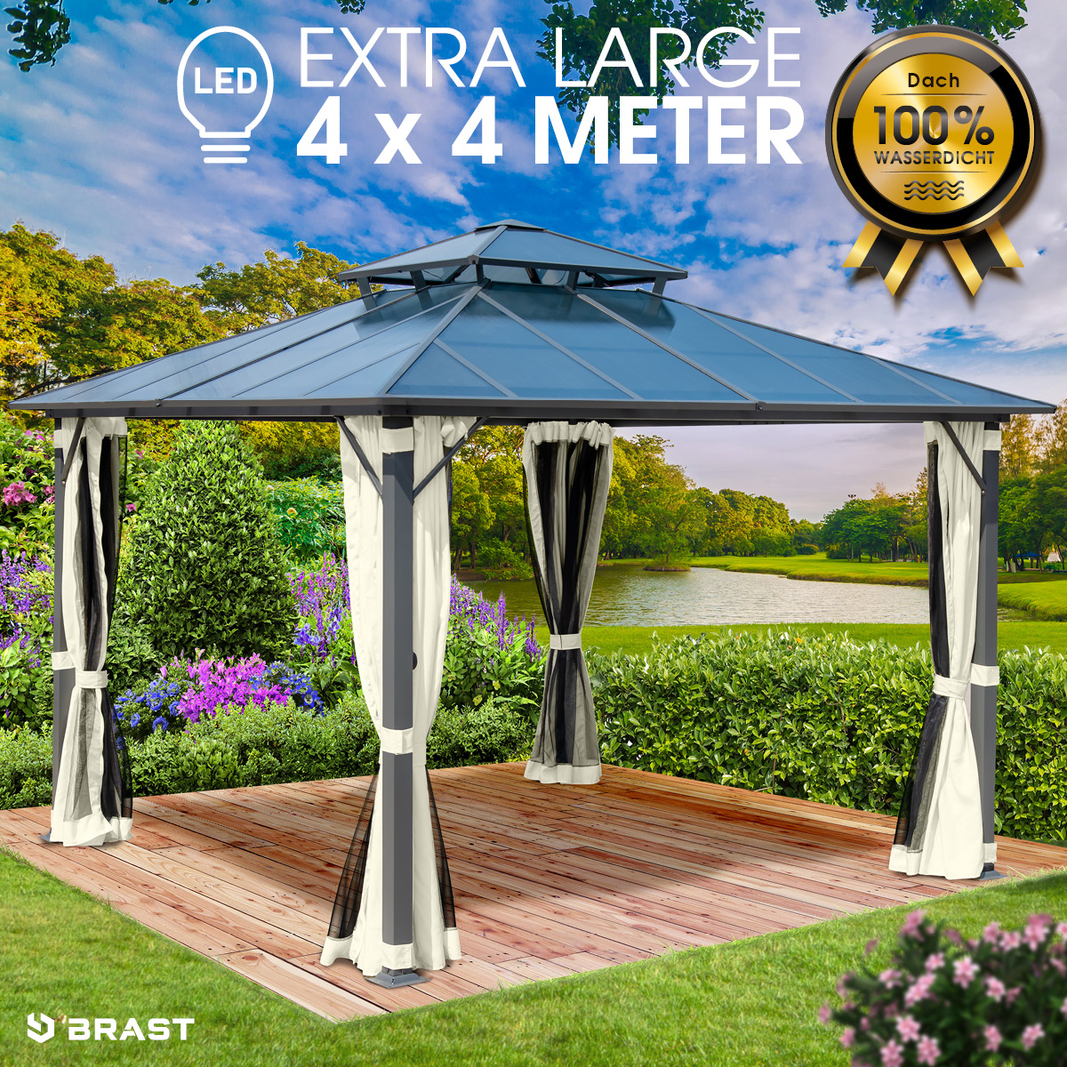 BRAST Alu Pavillon PAGODE 4x4m dunkelgrau mit Moskitonetz
