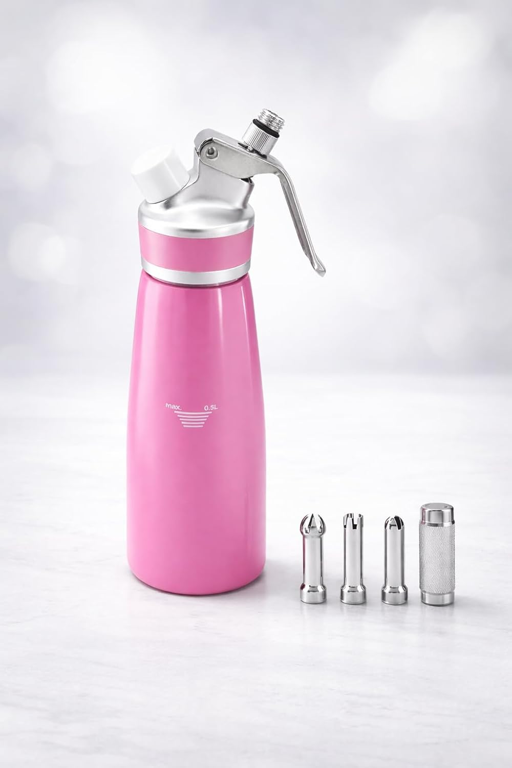 Whipped Cream Dispenser–Double Wall Insulated Aluminum Water Bottle with Stainless Steel 3 Nozzles, Extra-Large Capacity Whipping Cream Maker for Desserts, Coffee, Cocktails More-500Ml-Pink