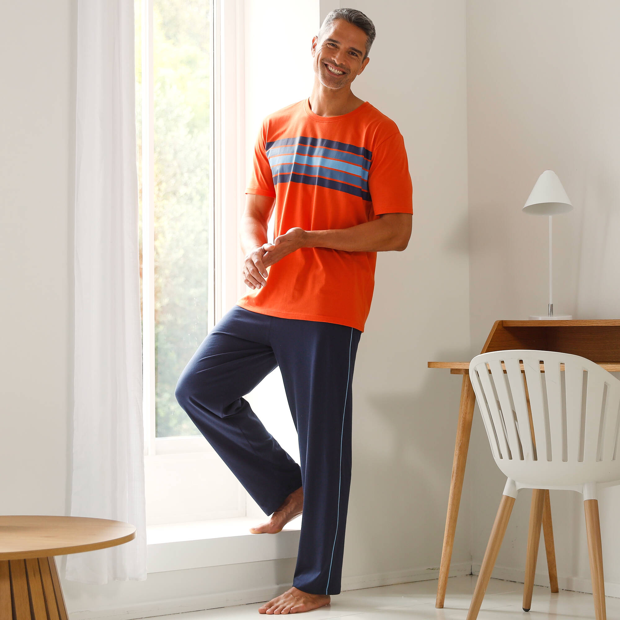 Pantalon pyjama uni coton piping contrasté