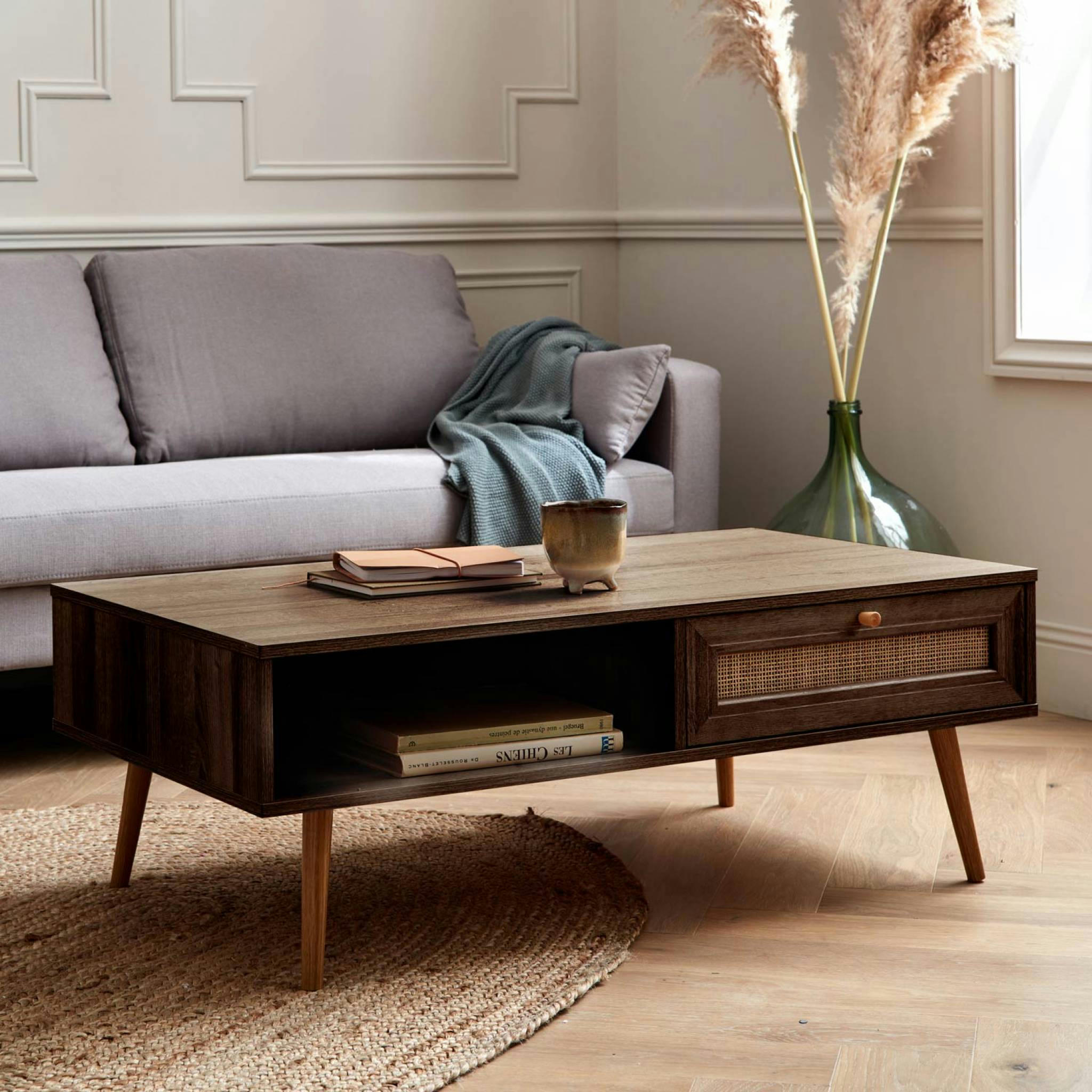 BOHÈME - Table basse en cannage couleur bois foncé