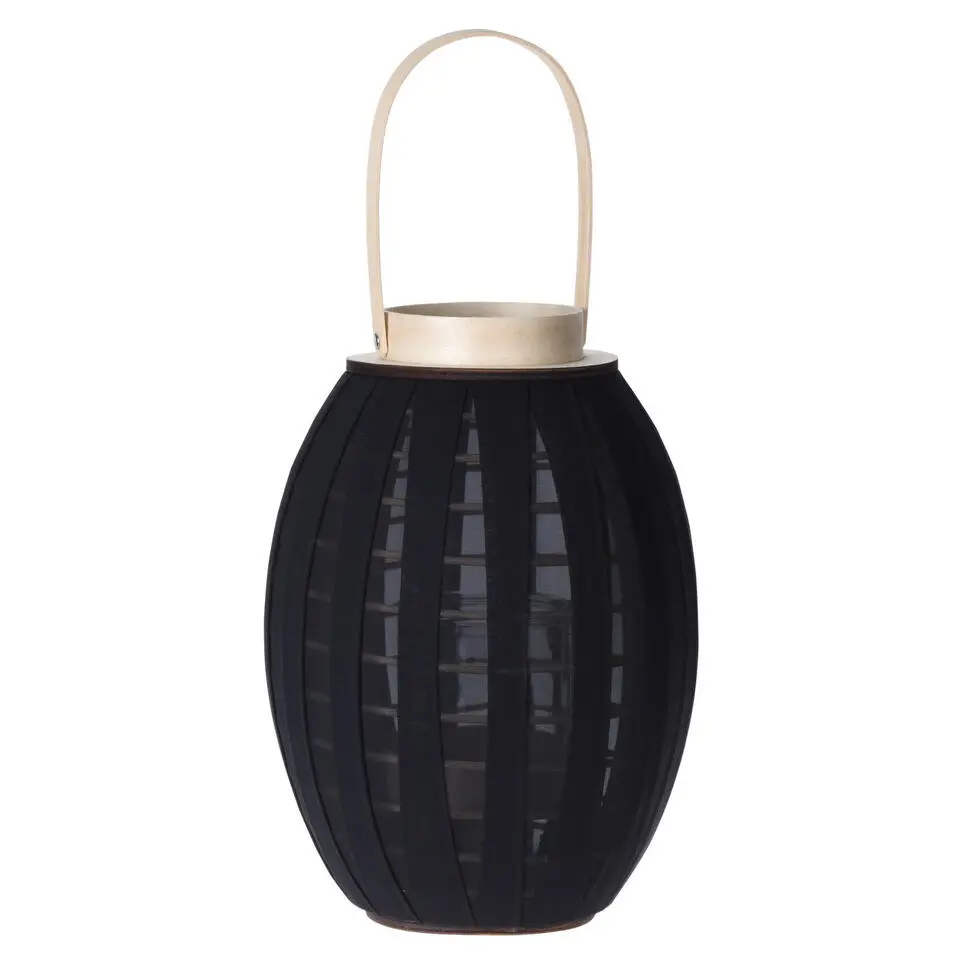 H&S Collection Lantaarn - hout met stof - zwart - 34 cm