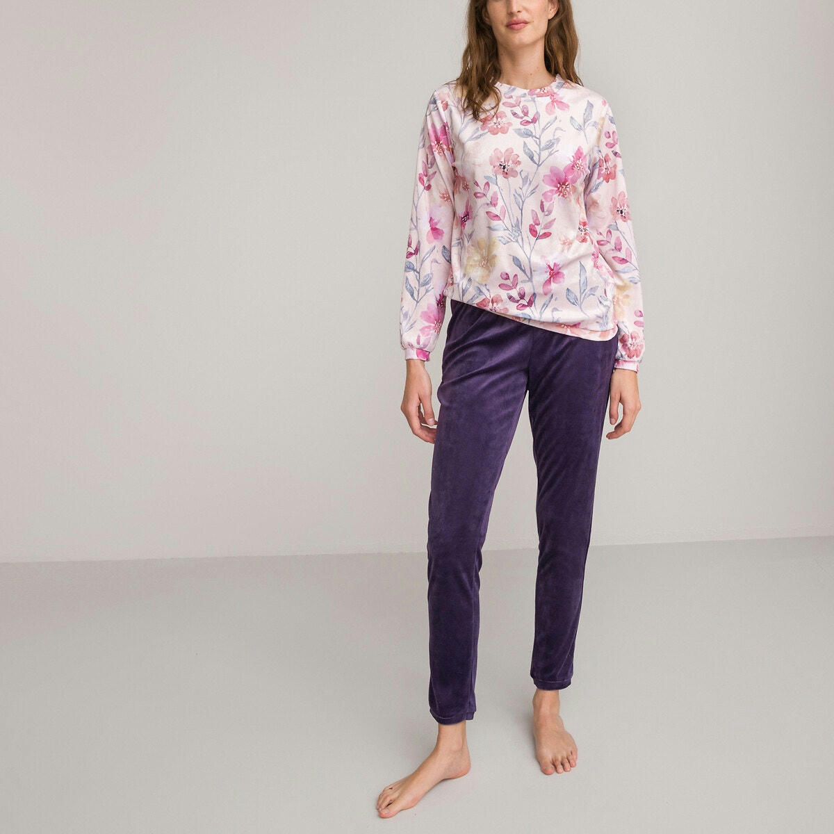 Pyjama en maille velours, haut imprimé fleurs