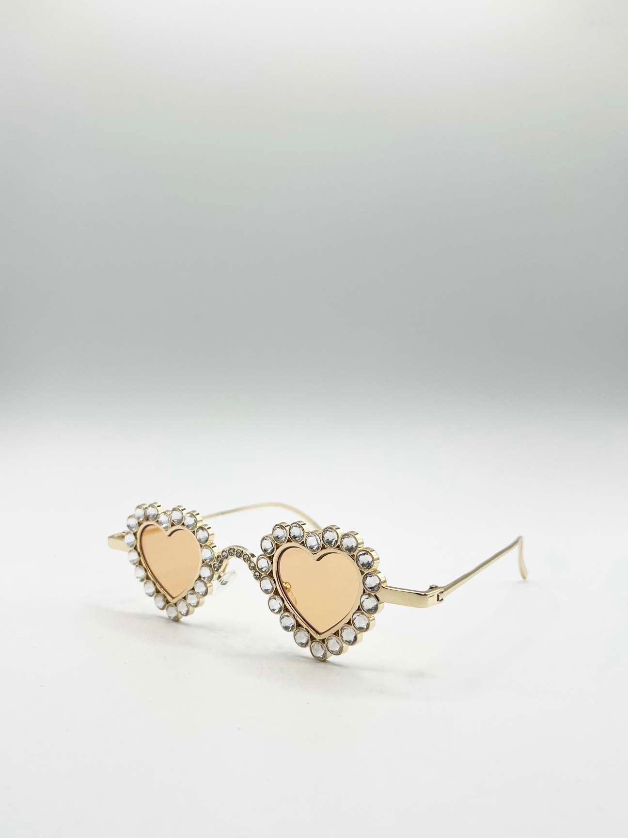SVNX Heart Diamante Sunglasses Gold Champagne