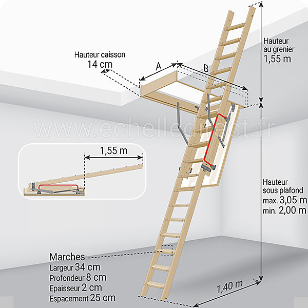 Echelle escamotable bois - Trémie de 70 x 120cm - Hauteur de 2.00 à 3.05m - LDK70120/305