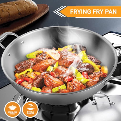 SOGA 2X 3-Ply 38cm Stainless Steel Double Handle Wok Frying Fry Pan Skillet with Lid