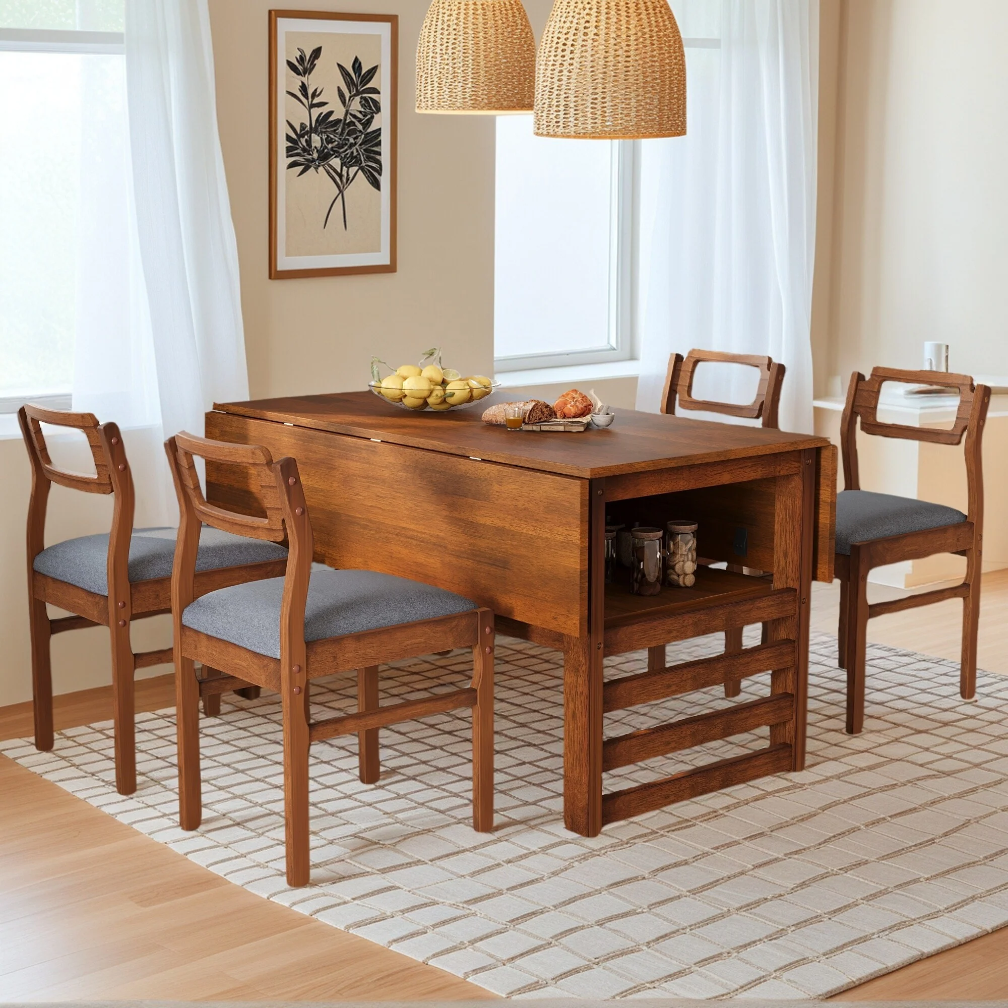 Extendable Dining Table Set for 4 w/Storage Shelf Dining Table