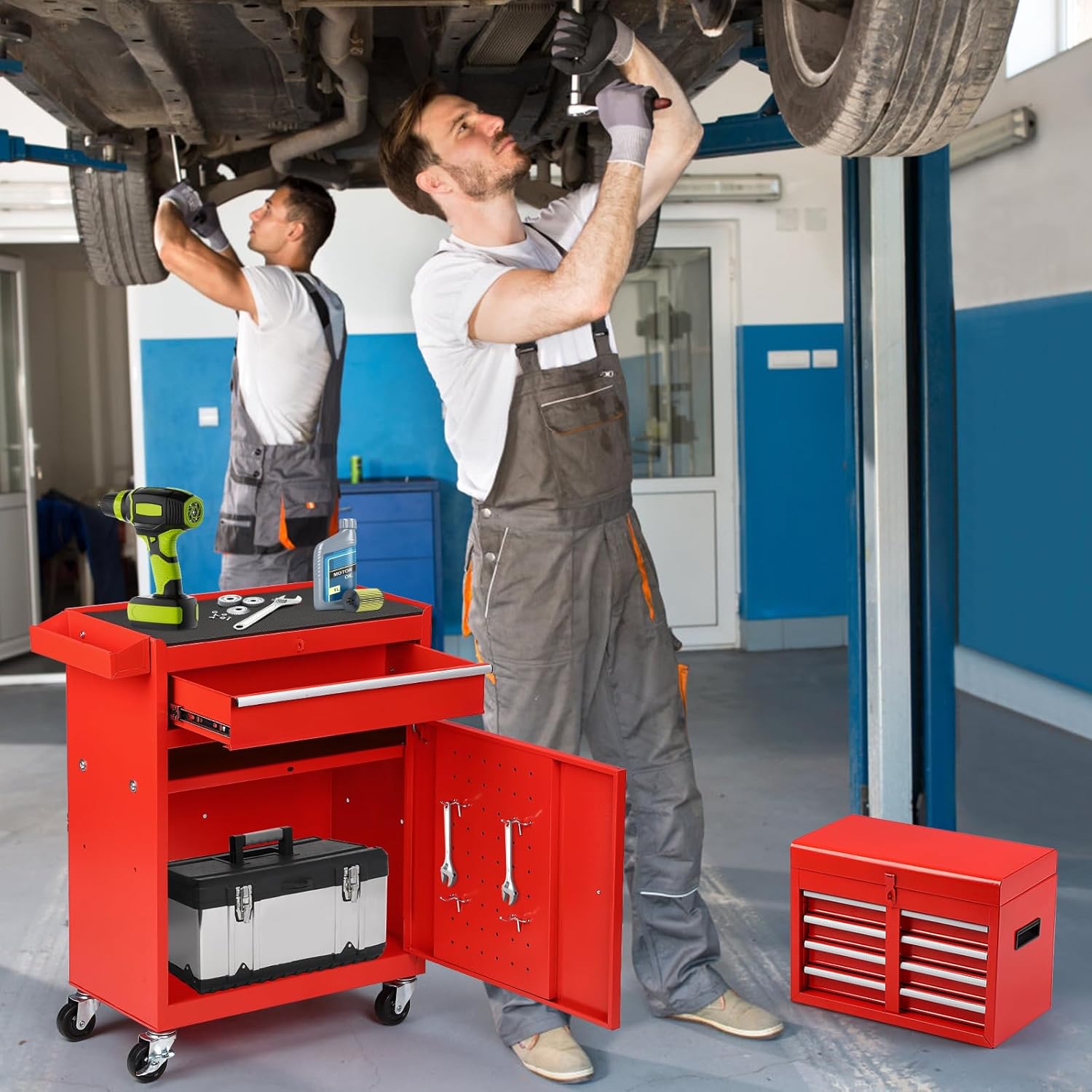 5-Drawer Rolling Tool Chest – 2-in-1 Lockable Tool Box with Wheels, Sliding Drawers & Detachable Top – Garage & Workshop Storage Cabinet, Red