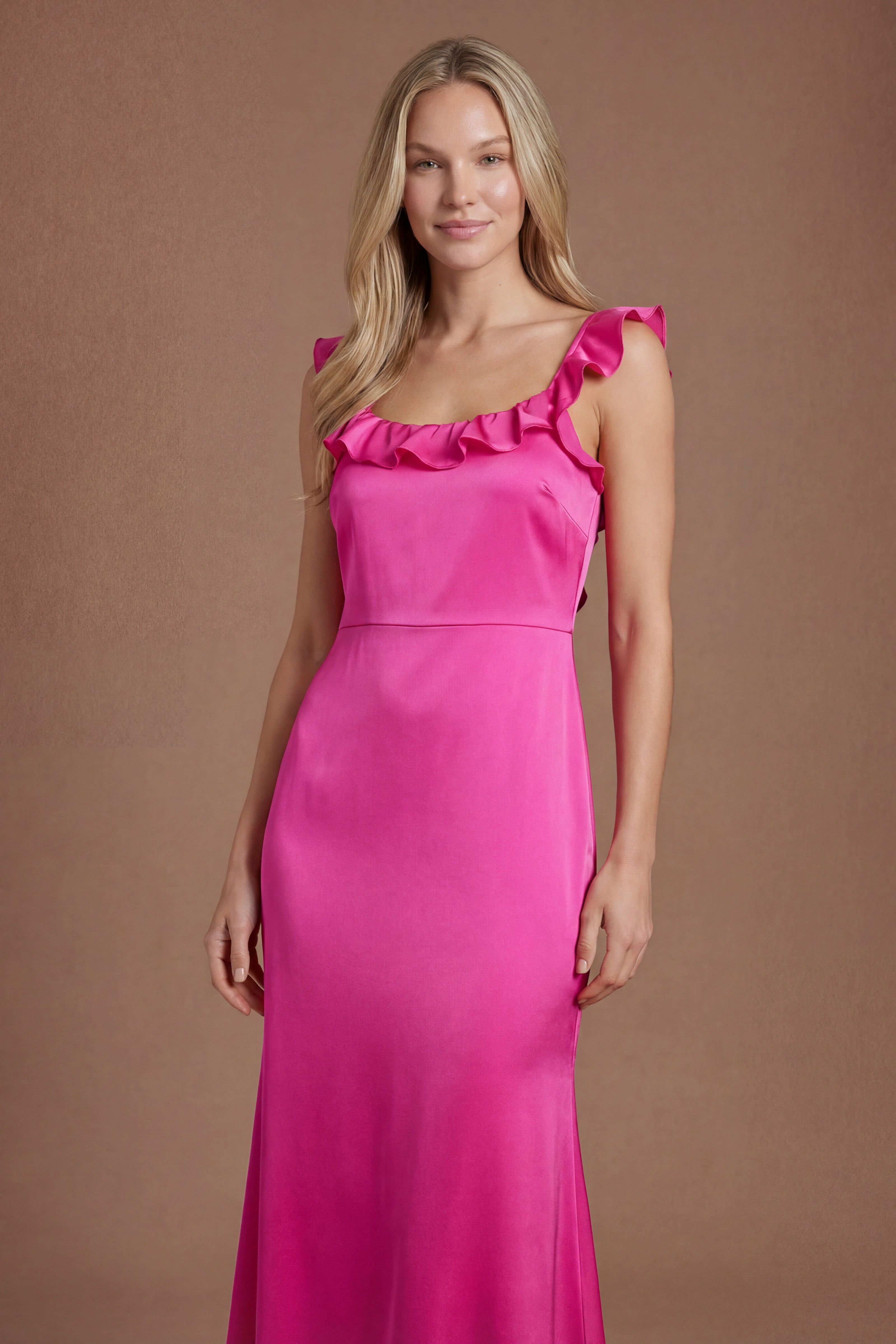 Oasis Bright Pink Ruffle Square Neck Satin Bridesmaid Maxi Dress