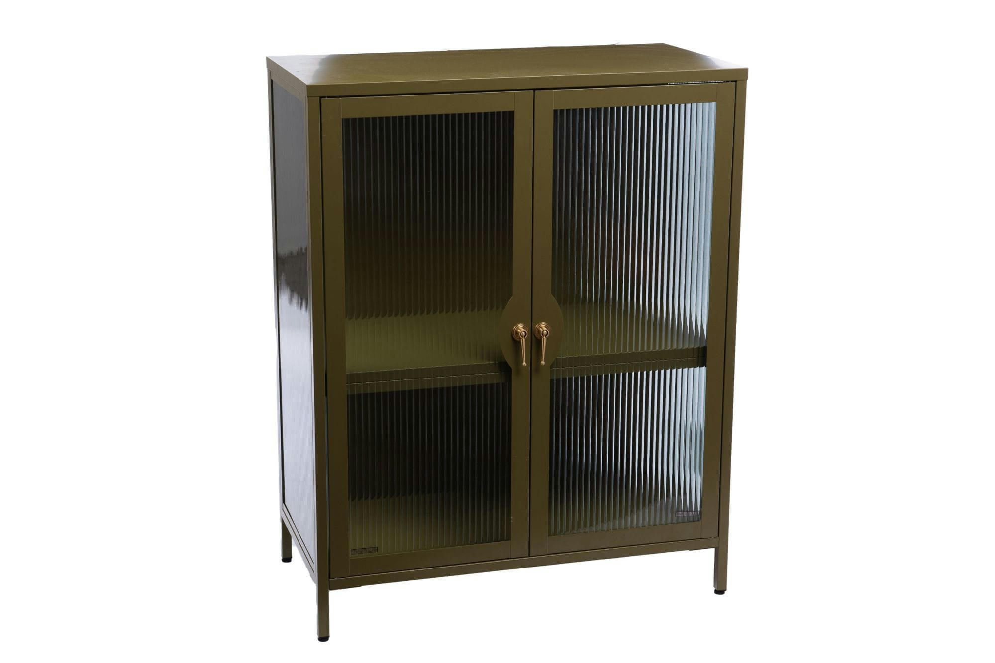 OLIVA - Buffet contemporain en métal vert kaki et en verre 2 portes