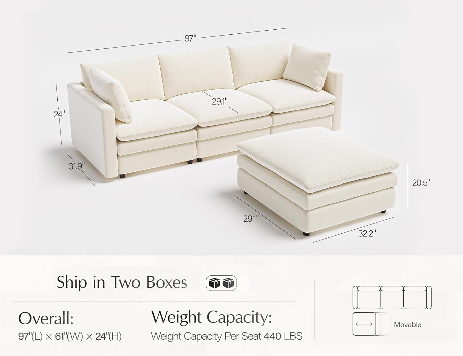 Txtin's Cloud Couches for Living Room L Shaped Sectional Couch with Ottoman Deep Plush 4 Seats Sofa Modern Sofa for Apartment | Cloud, L shaped, Deep Seat, Movable Ottoman, 4 Seat, Sectional