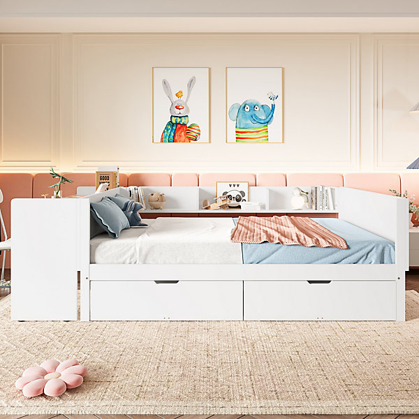 Lit Double 140x200 cm - Lit avec Bureau Intégré et 2 Tiroirs, sans Matelas, en Bois de Pin et Panneaux de Particules, Blanc