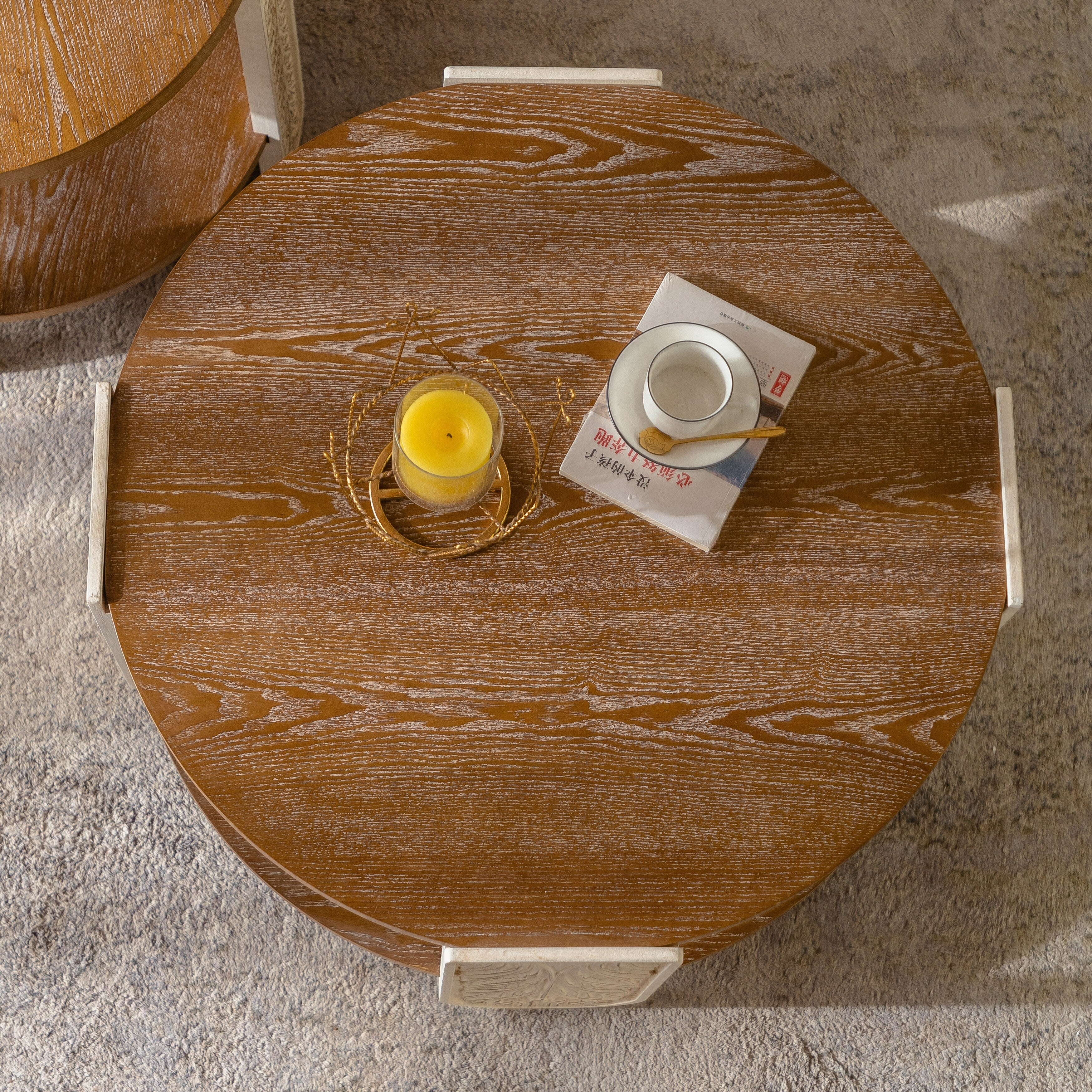 31'' Carved Wooden Coffee Table with Double-Layer Storage