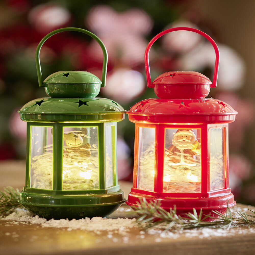 Lanterne de No&euml;l lumineuse avec personnage à poser H17,5cm (2 modèles)
