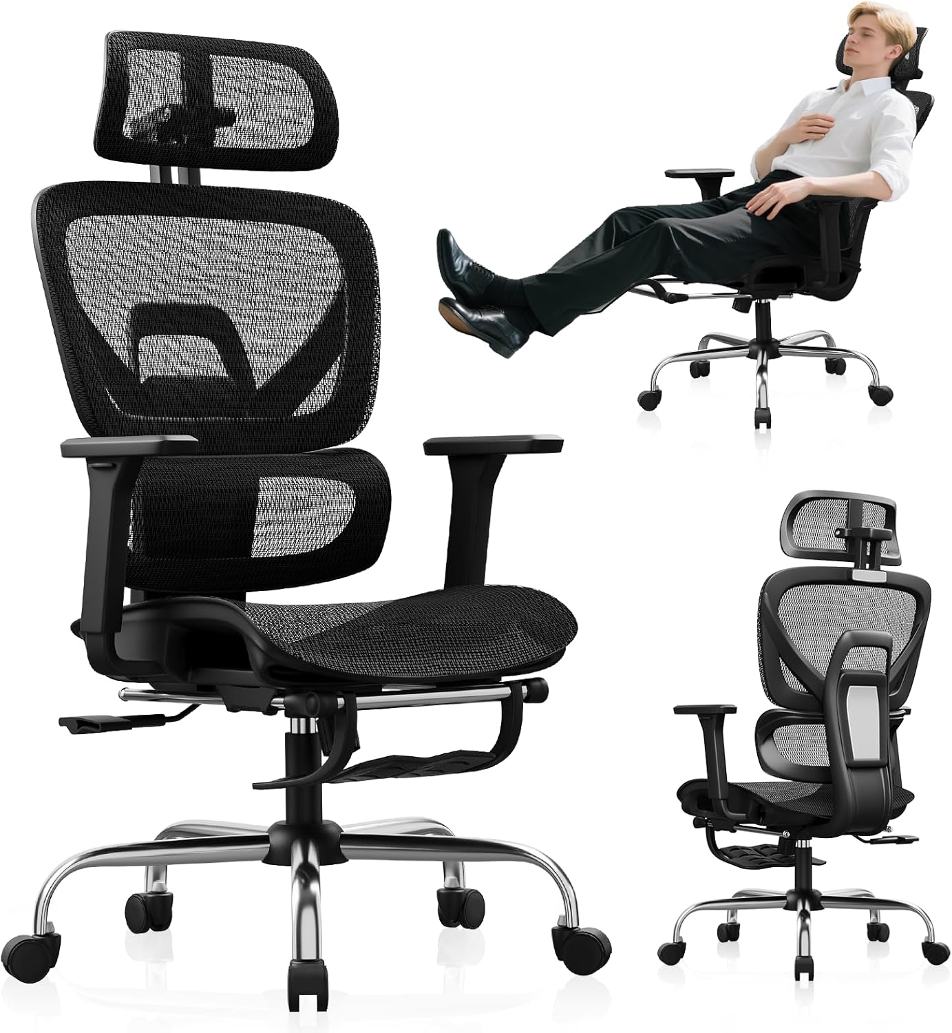 Synorla Ergonomic Office Chair with Footrest, Mesh Desk Chair with 135° Recline, Adjustable Lumbar Support, 3D Armrests and Headrest, Swivel Computer Chair for Home Office