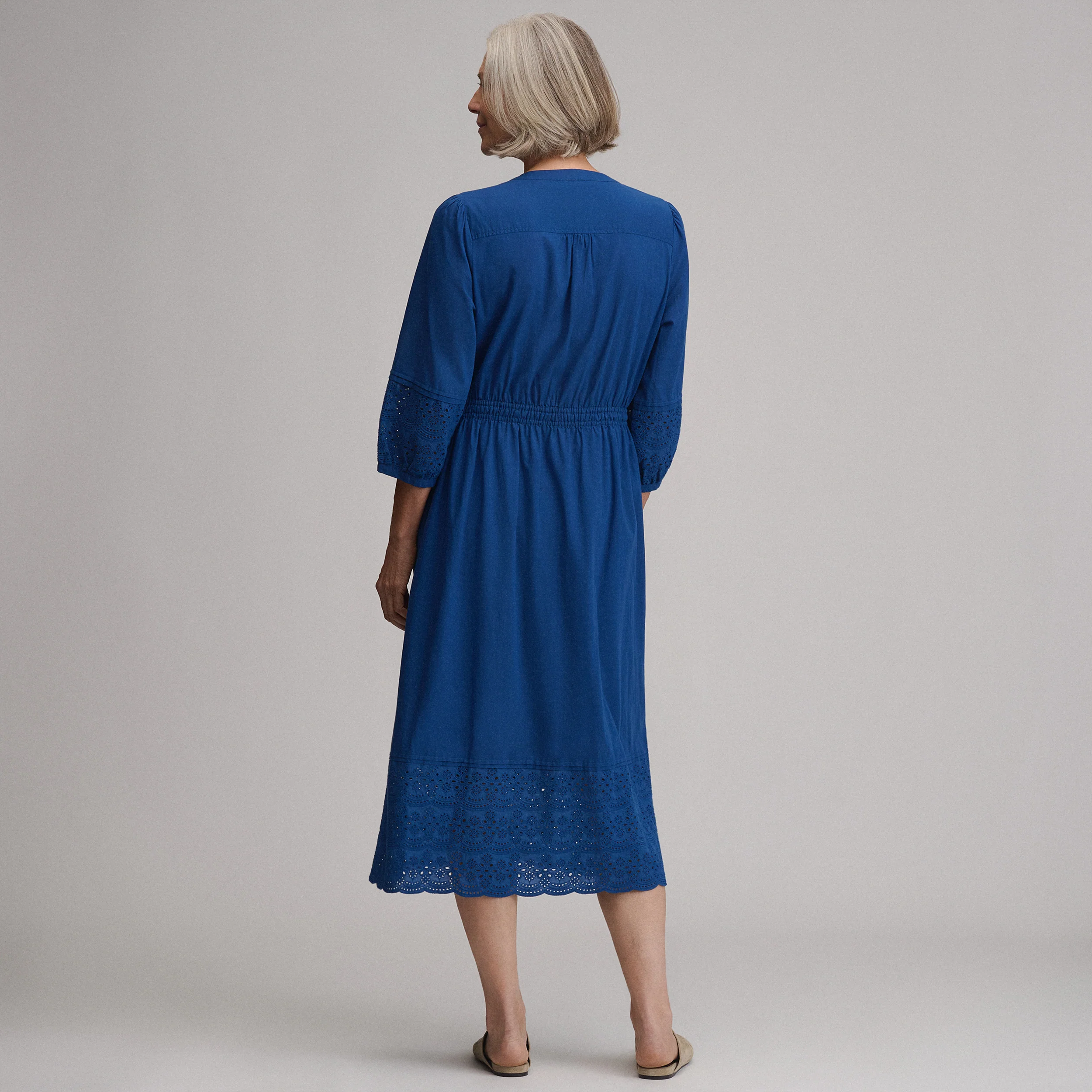 Women's 3/4 Sleeve Eyelet Button Front Belted Dress