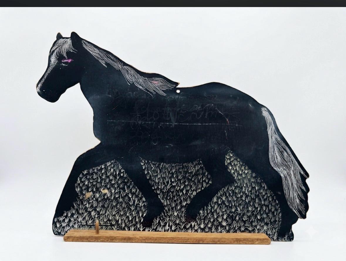 Vintage Hand-Painted Horse Shaped Chalkboard Board with Wooden Stand - 1990s British Memo Board