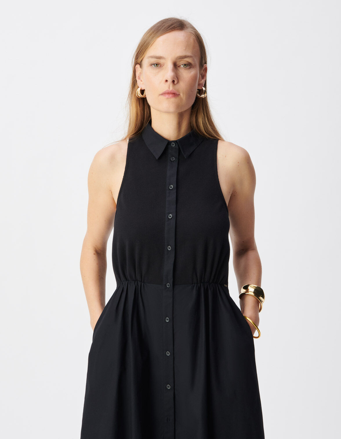 Robe longue noire boutonnée bi-matière Femme