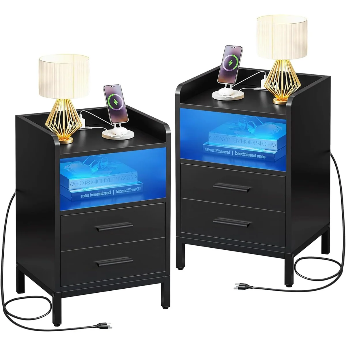 Moasis Modern LED Nightstand Set of 2 with Drawer and Storage Shelf, Bedside Table with Charging Station