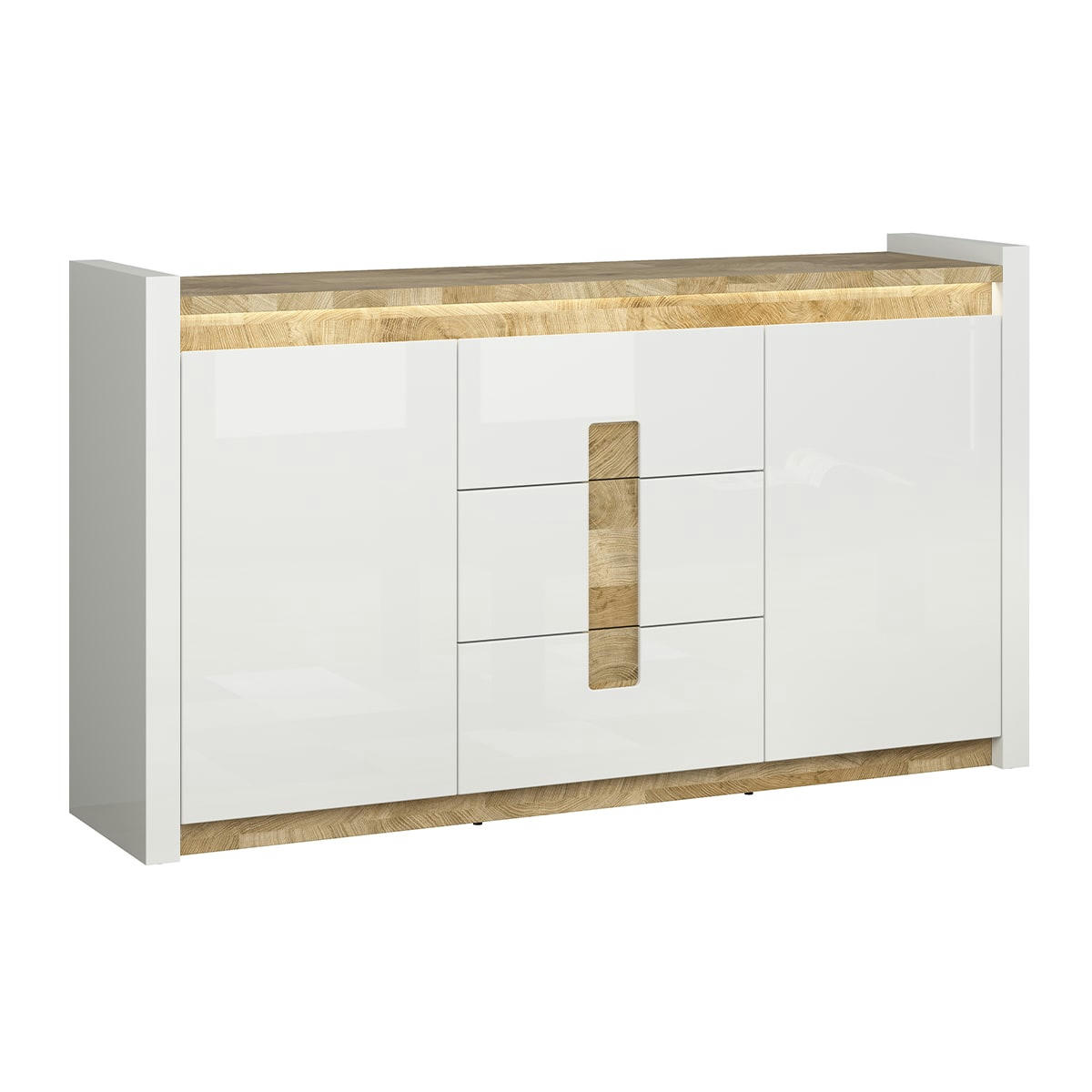 - Buffet 2 portes 3 tiroirs avec led blanc laqué et naturel