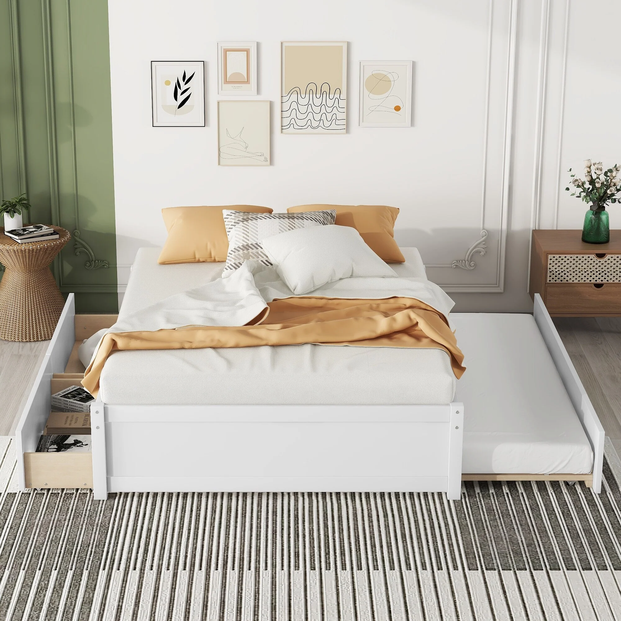 Full Size Bed with Twin Trundle and Dual Storage Drawers Solid Wood Frame Space Saving Design