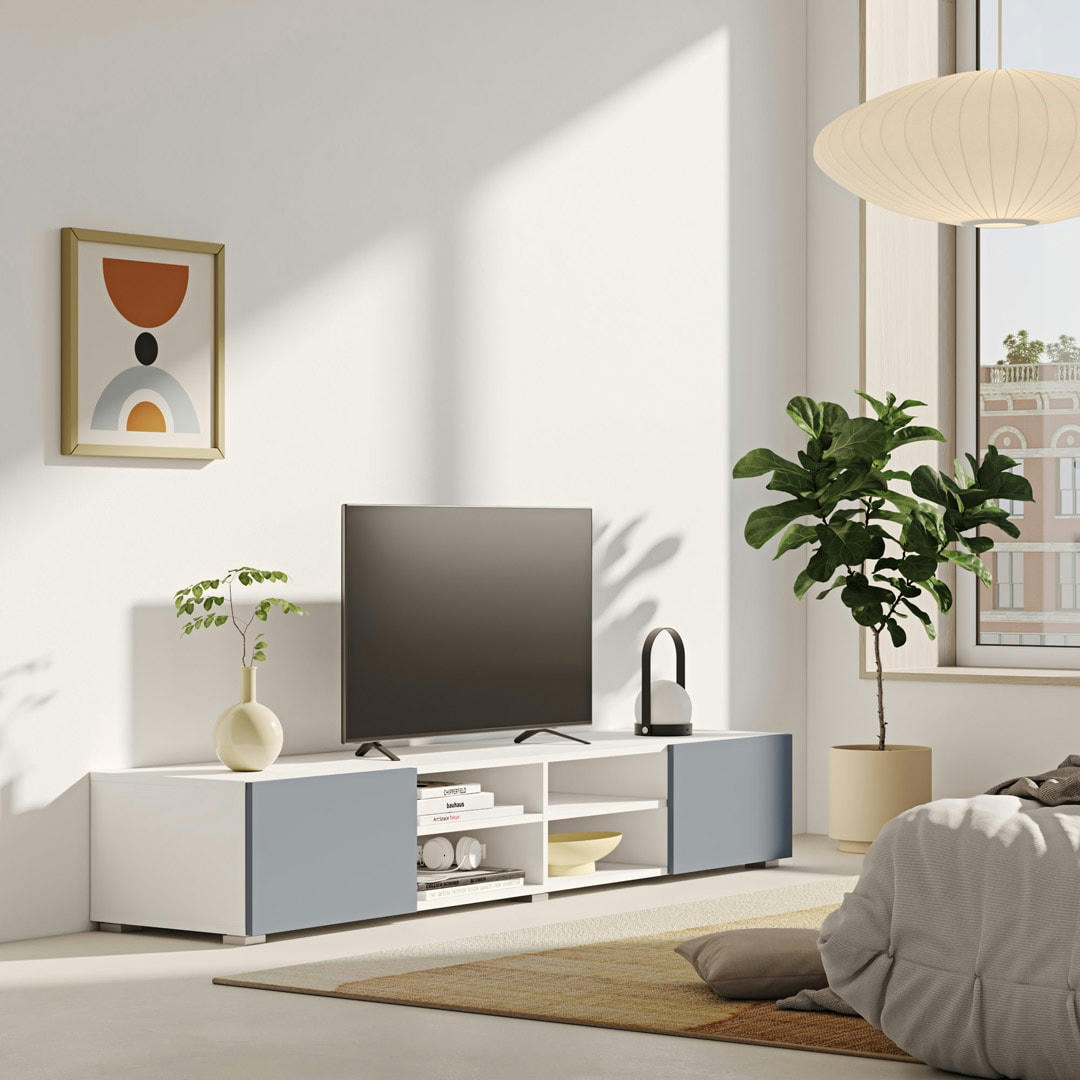 PODIUM - Meuble TV effet bois blanc et gris céladon