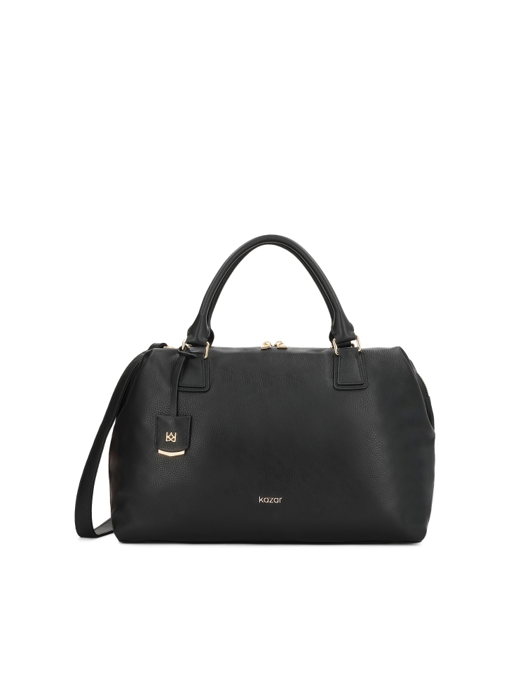 Black leather handbag with key ring and detachable strap