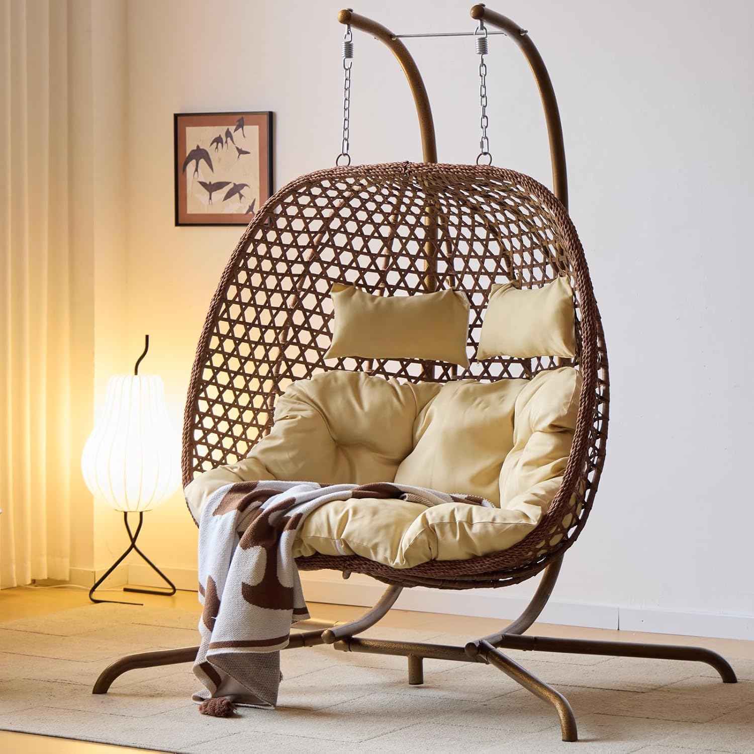 Double Swing Egg Chair with Stand, Hexagon Rattan Wicker Swing Chair Outdoor, Large 2 Person Patio Hanging Chair with Foldable Loveseat Removable Cushions (Beige)