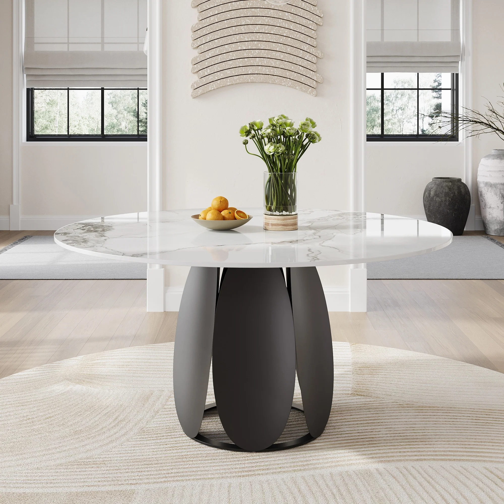 59 Modern Round Dining Table for 6,White Glossy Sintered Stone Table top, Black Carbon Steel Base - 59.06