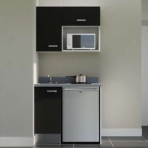 Kitchenette K00 - 100 cm - façades Noir - Plan monobloc en quartz coloris Cromo évier à gauche - Electroménager Inox