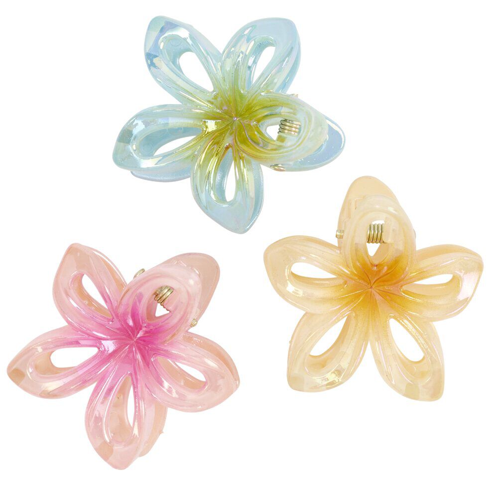 Pince cheveux x3 mini fleur de tiaré plastique bleu orange rose L5cm
