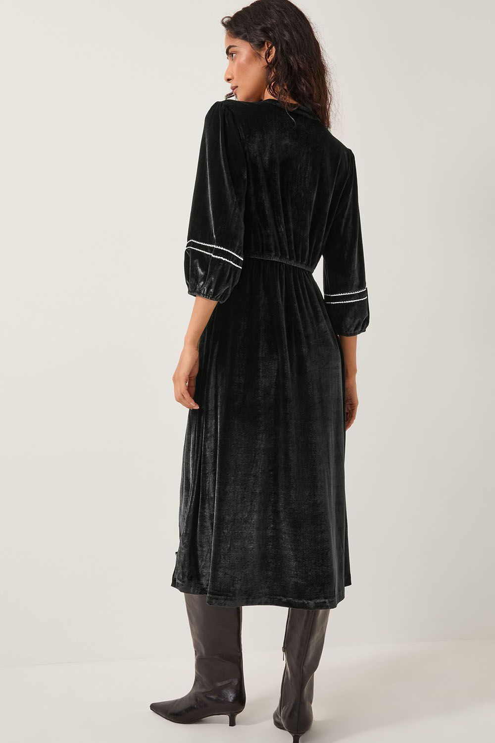 Monsoon Venus Embroidered Stretch Velvet Midi Dress Black