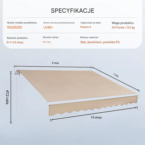Markiza tarasowa ręczna 2,44x2,13m wodoodporna z korbą na balkon/ogród