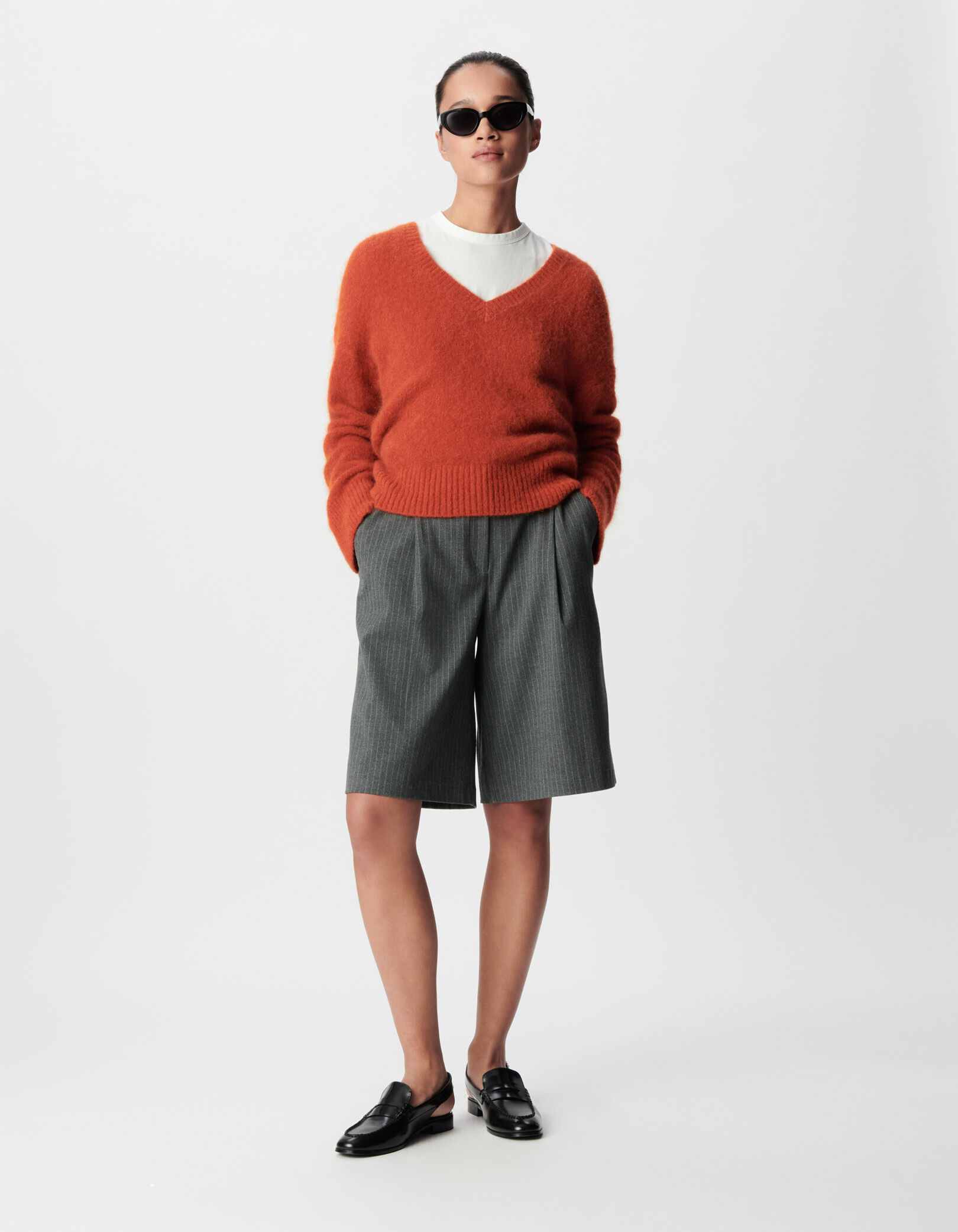 Pull col V lilas tricot mix alpaga Femme