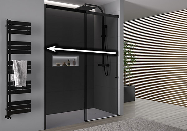 Paroi de douche en niche 195x170cm, profil noir mat, Verre gris 8mm, Cabine de douche encastrée porte coulissante - DX906 FLEX