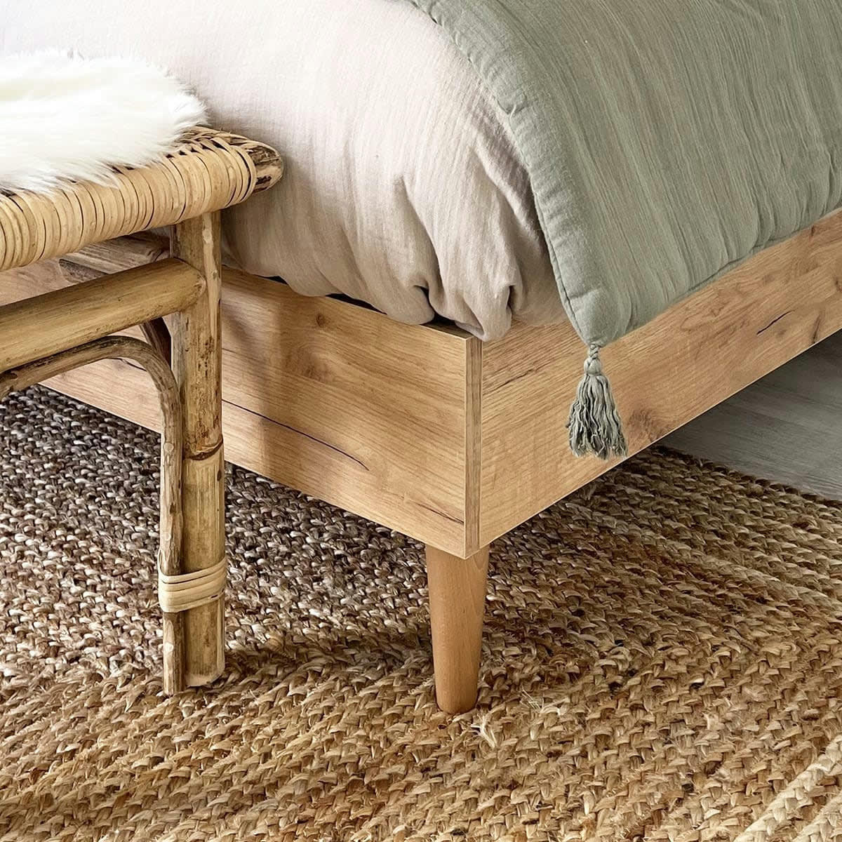 PACO - Lit adulte 140x190 cm effet chêne + sommier à lattes