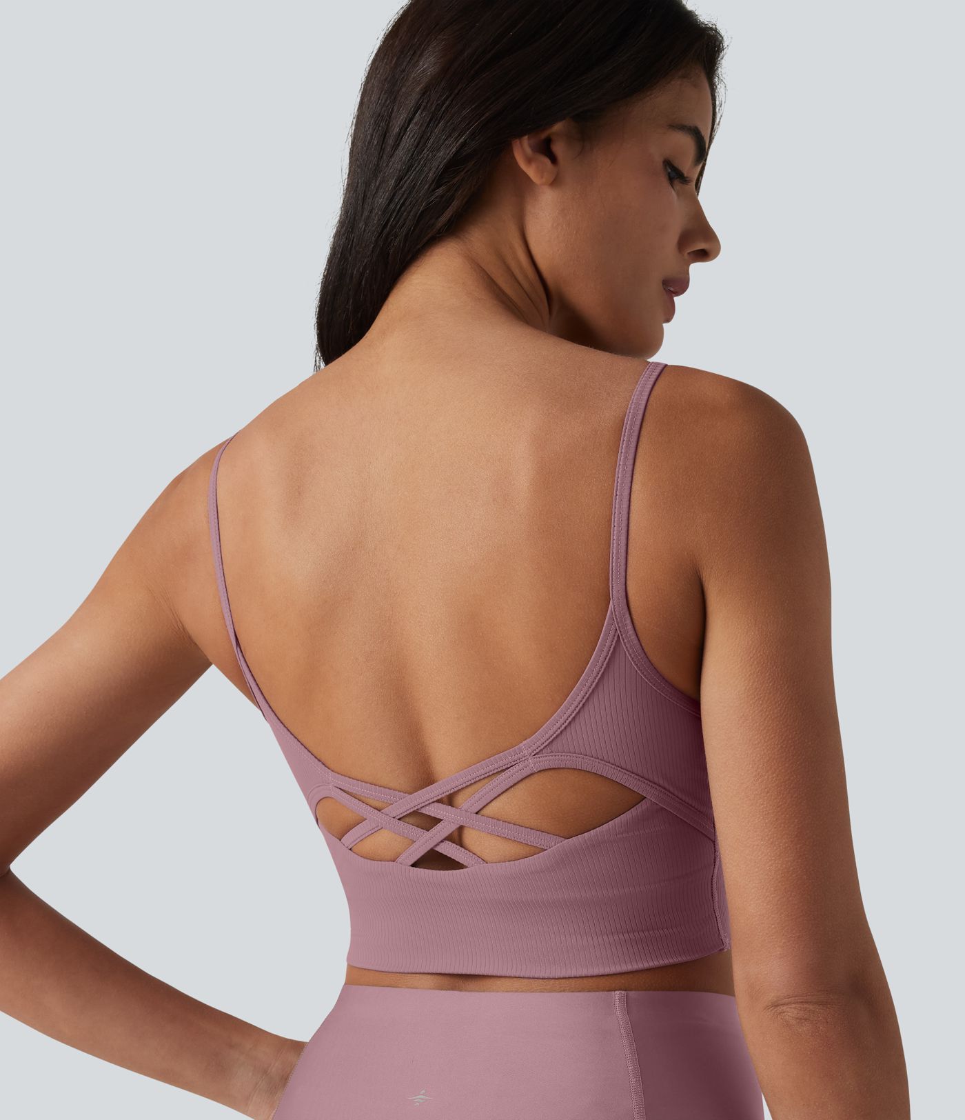 Brassière de sport de yoga en maille côtelée col U, maintien léger et soutien-gorge intégré