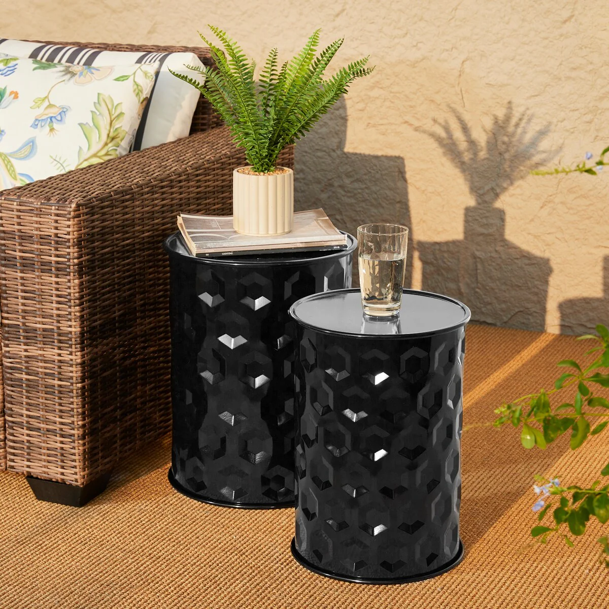 Glitzhome Set of 2 Glossy Black Metal Outdoor Table Accent Stool - 14.25W x 14.25D x 18.75H