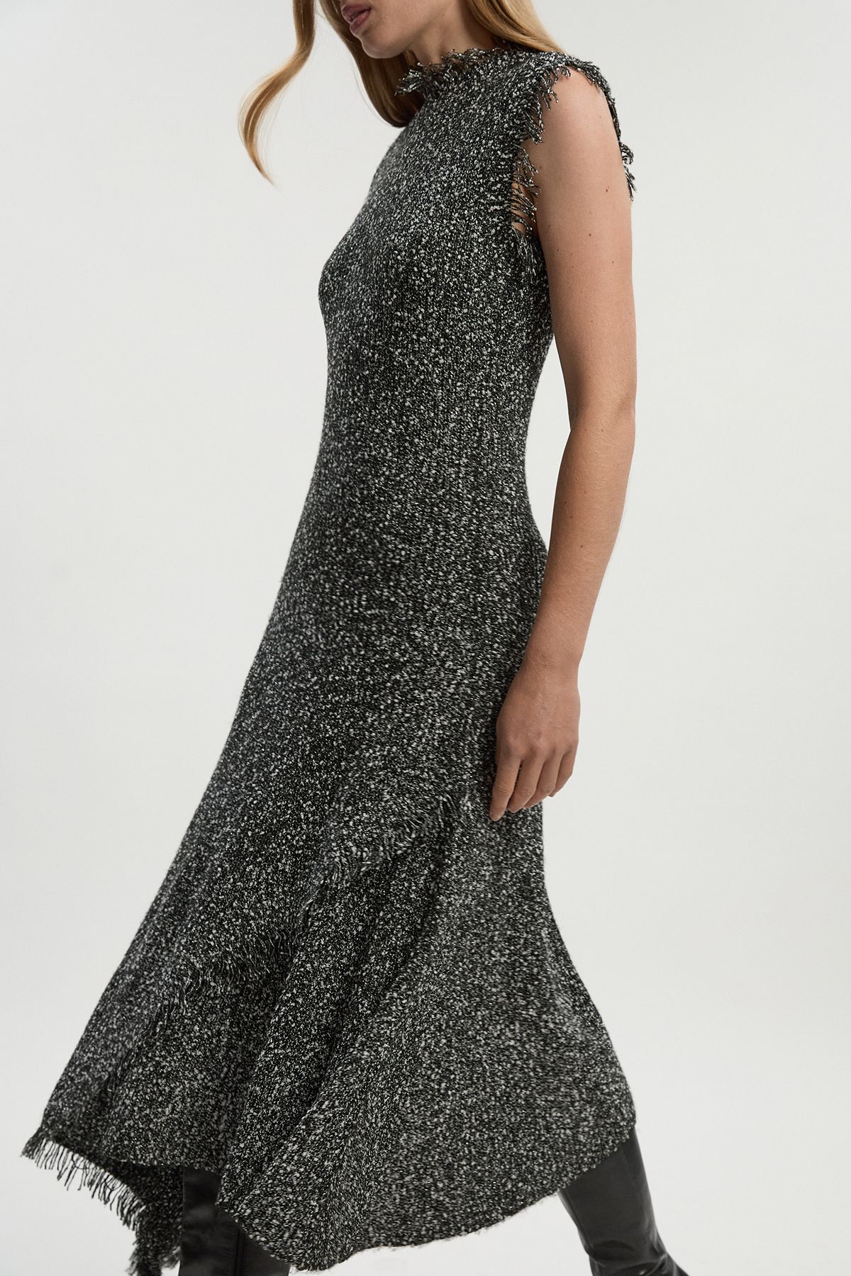 KarenMillen Tweed Yarn Fringe Trim Knitted Dress