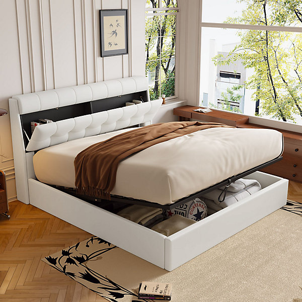 Lit 160x200 cm avec rangement hydraulique et tête de lit coffre tapissée en PU blanc, design moderne