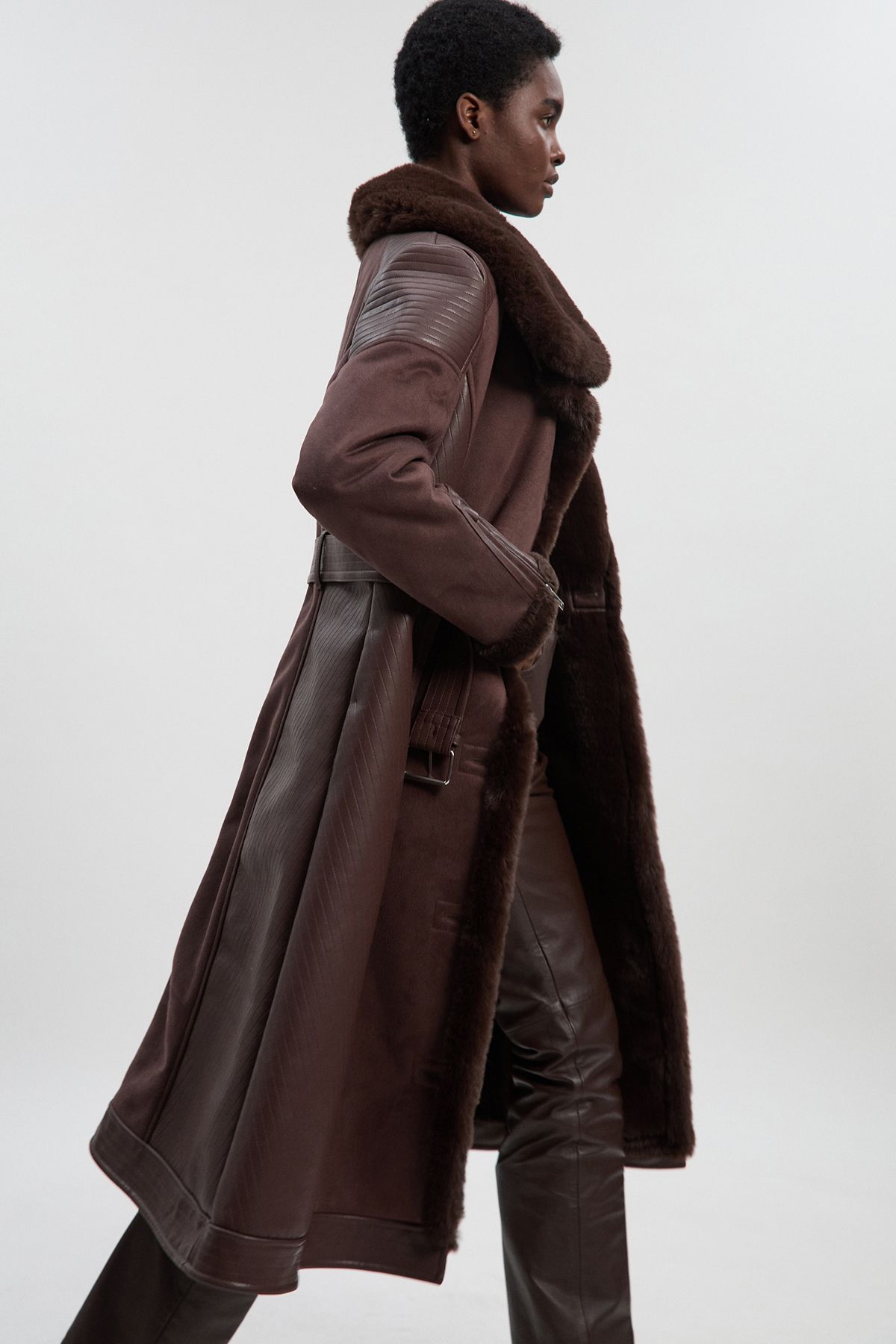 KarenMillen Petite Faux Shearling Biker Longline Coat