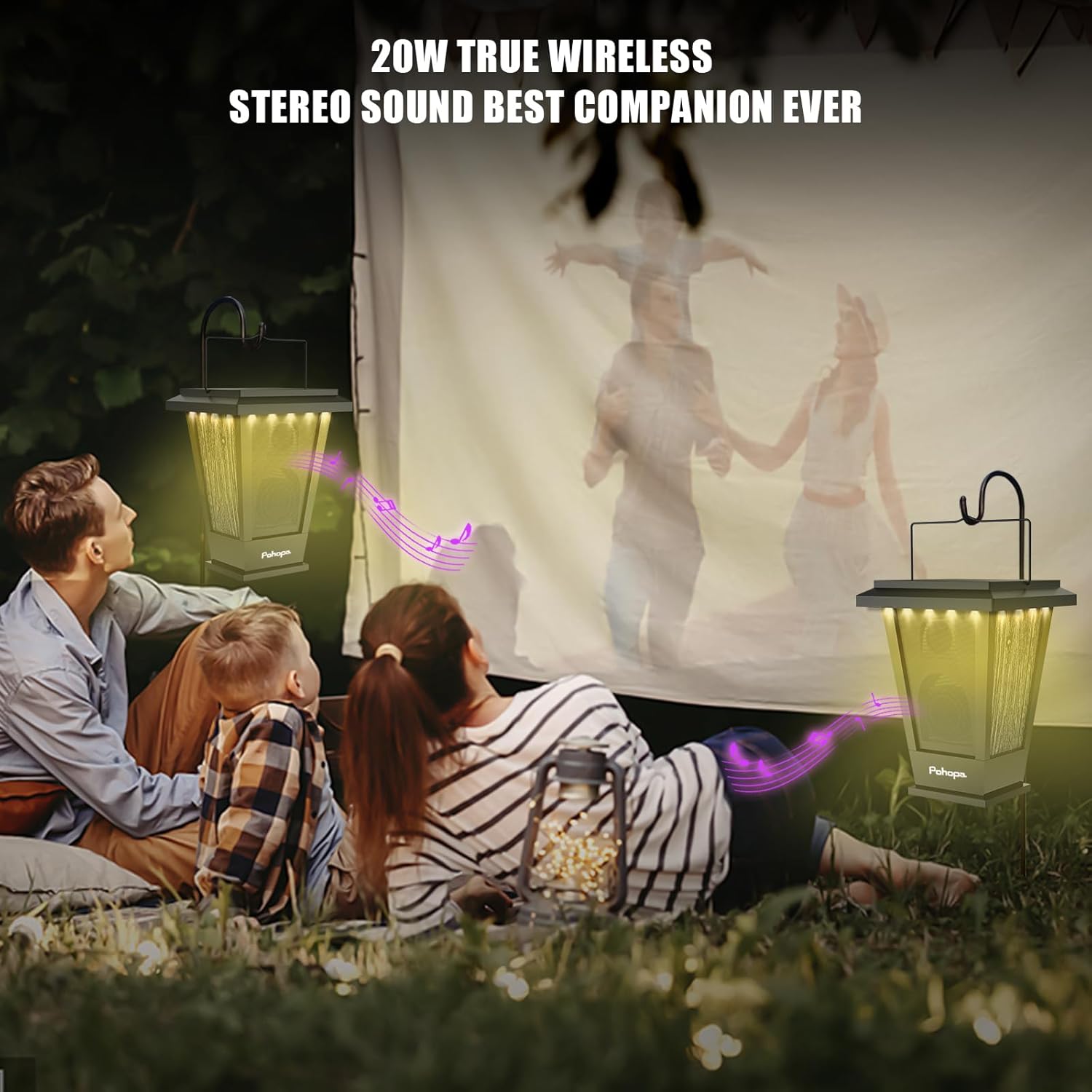 pohopa Bluetooth Speakers Waterproof, Solar Powered 2 Packs True Wireless Stereo Sound 20W Auto Dual Pairing Indoor Outdoor Speakers with 20 Piece Sound Responsive Colored LED Lights, Richer Bass