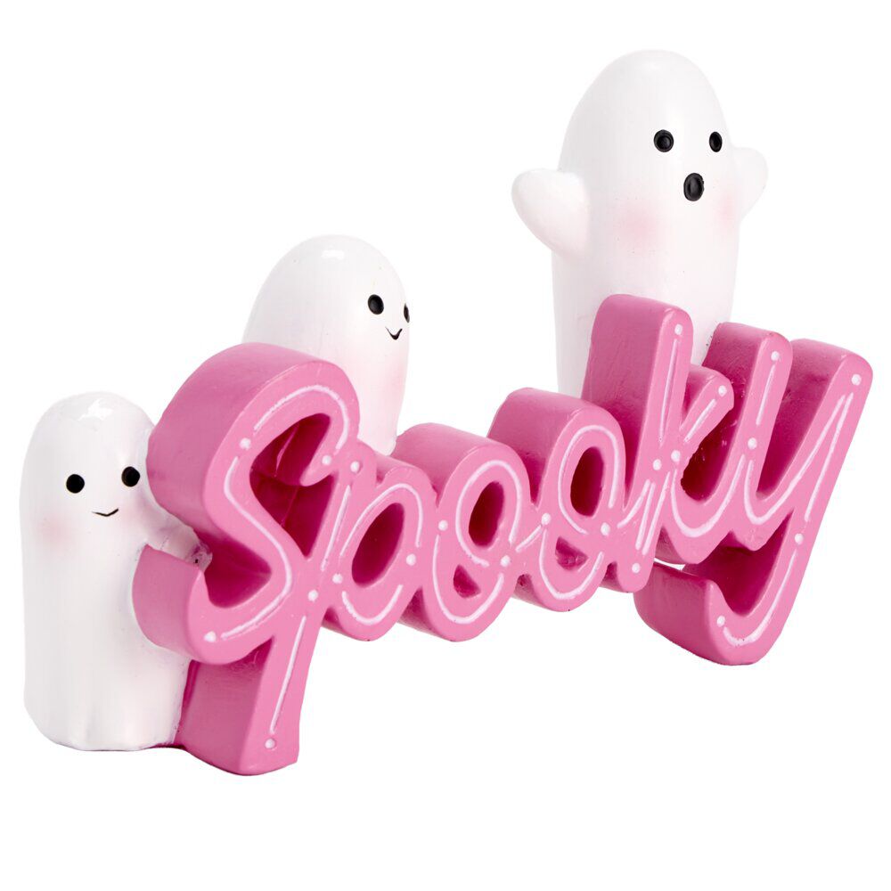 Décoration Halloween fantômes mignons spooky résine rose et blanc 10x15cm