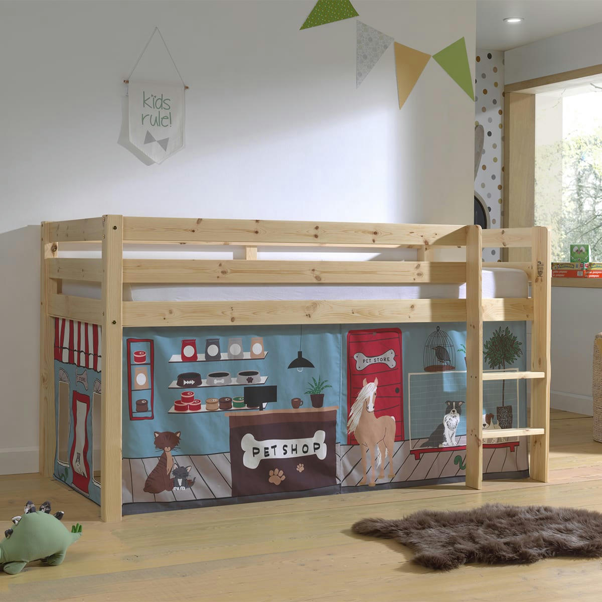PINO - Lit mi-hauteur 90x200 sommier inclus housse pet shop naturel