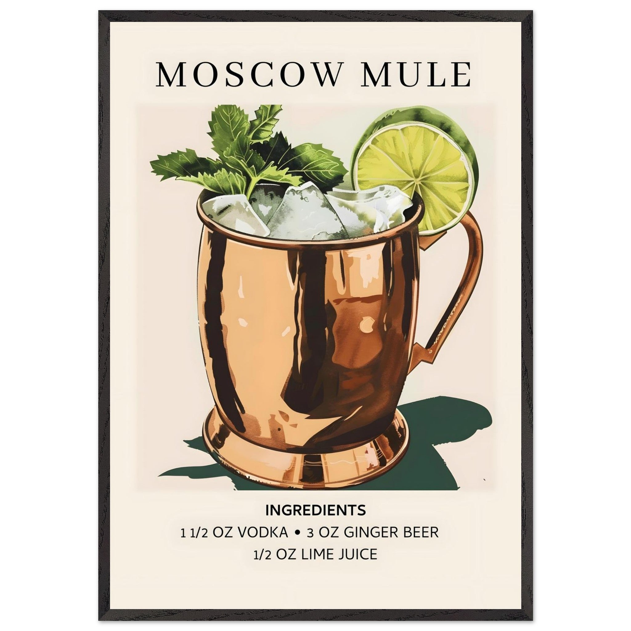 Artfulprints Poster met Lijst Moscow Mule cocktail I - Ingrediënten  - 70x100 cm - Meerkleurig