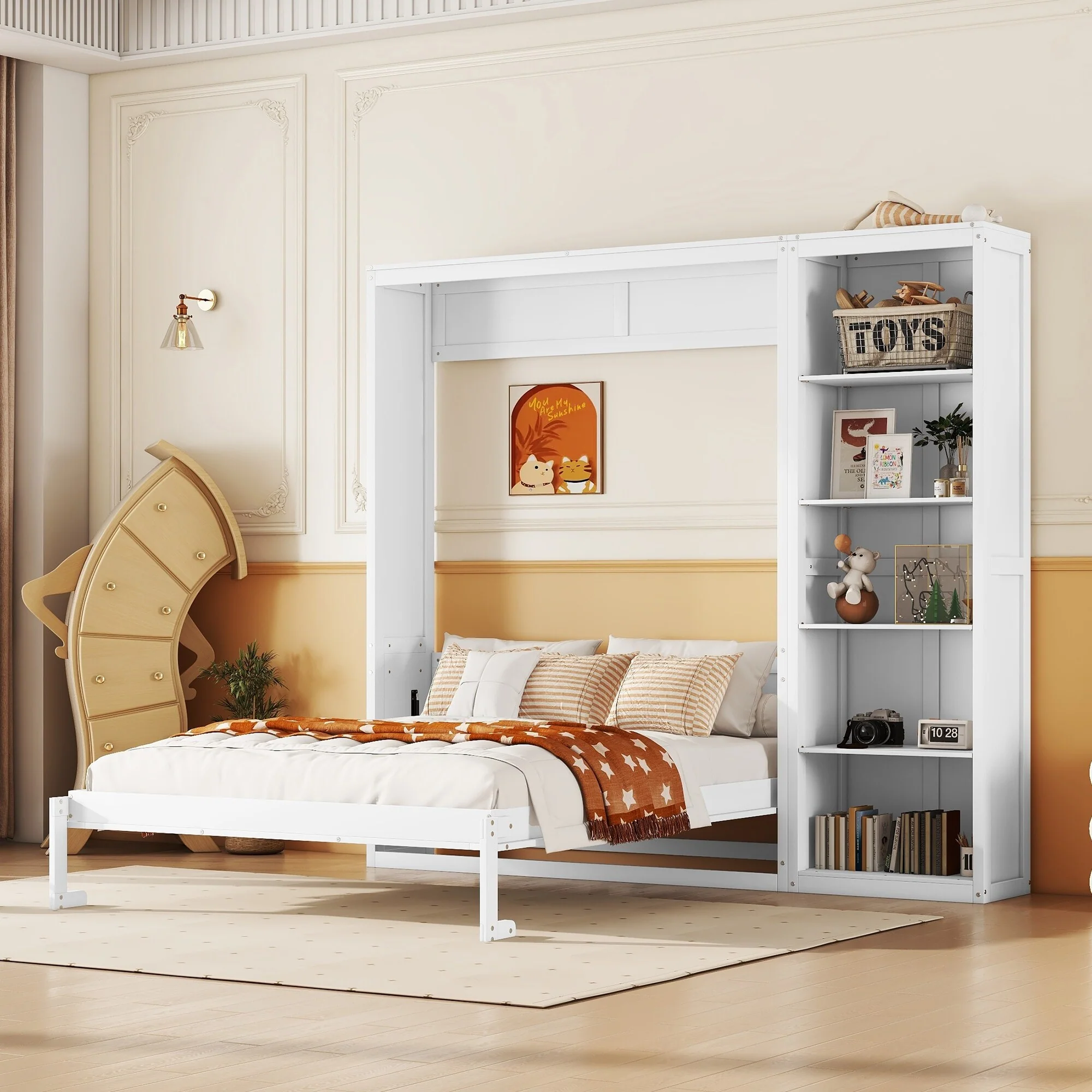 Roomfitters Full/Queen Size Murphy Bed with Wall Shelves, Foldable Bed with Storage Space, Minimalist Frame